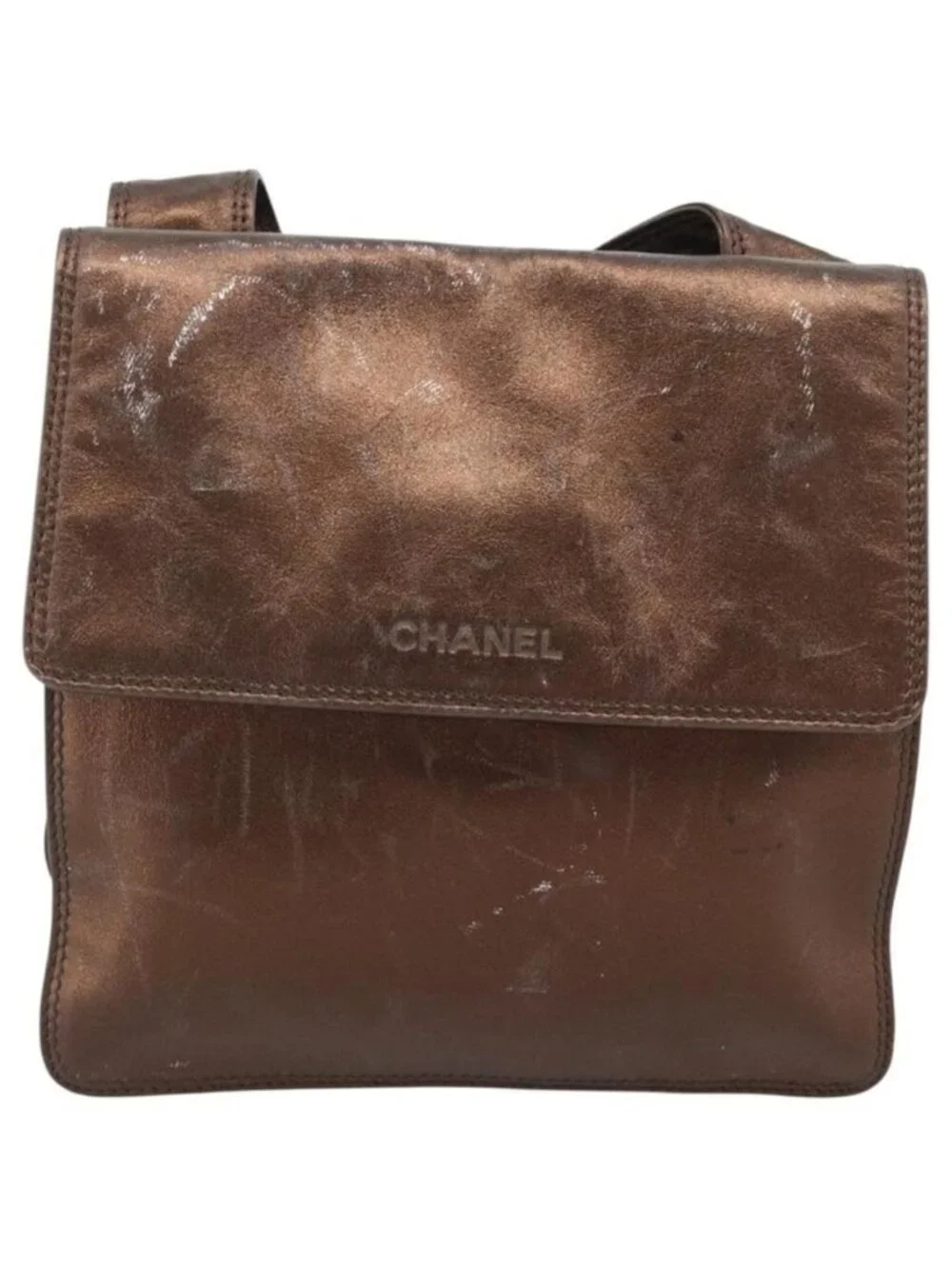 Authentic CHANEL Shoulder Bag Leather Bronze Gold CC